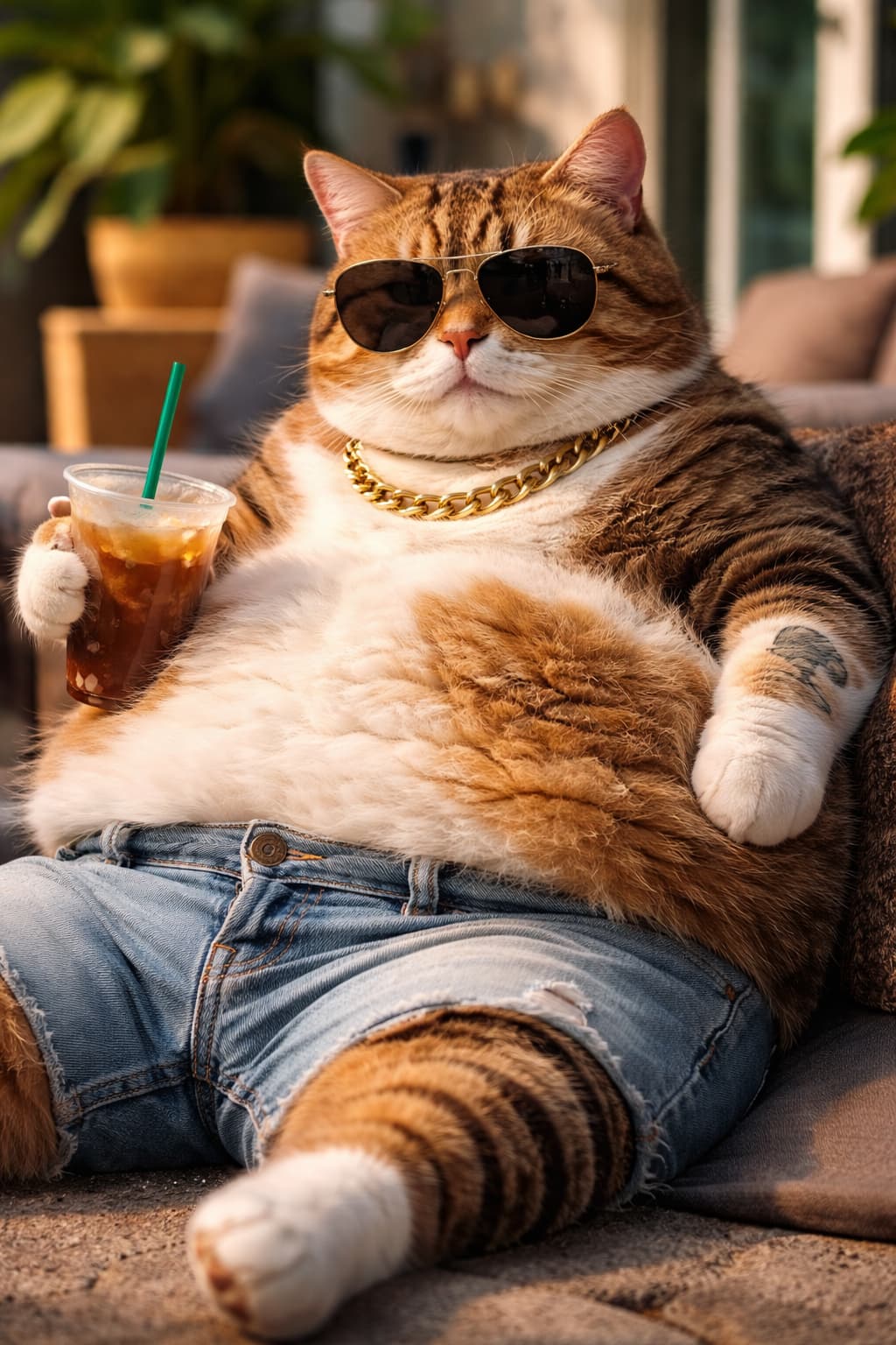 Image of a funny cat who is overweight sitting having a iced coffe in the hot sun. The cat is wearing sunglasses.