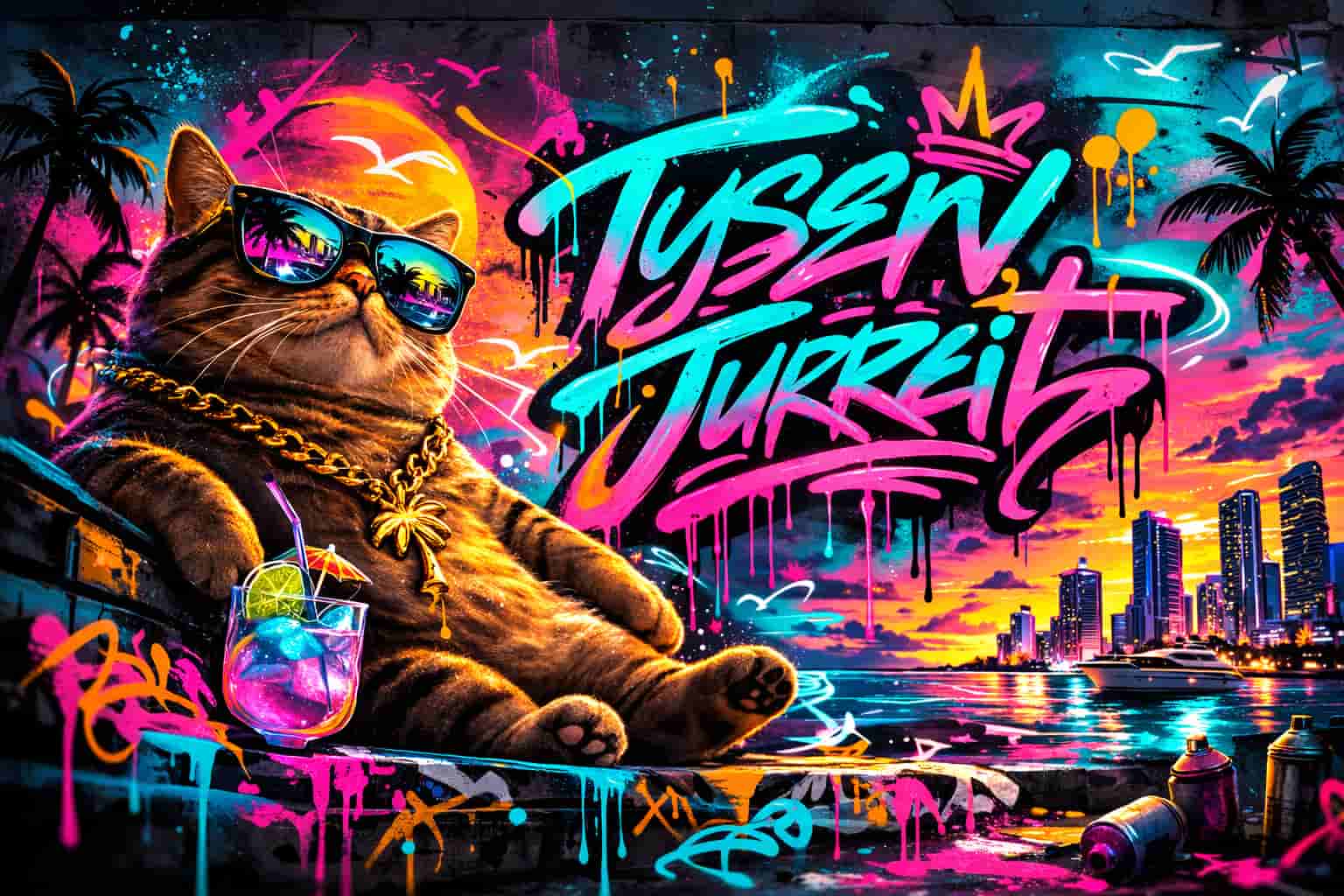 Colourful Grafiti Miami street art that has a lazy cat with sunglasses, and bright colours