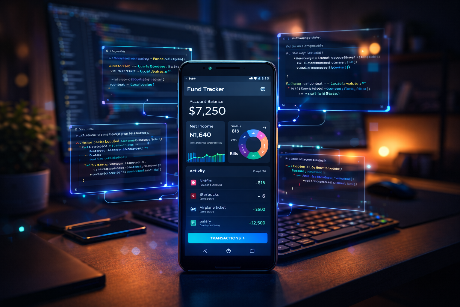 Image of a cellphone, showing a app, and hightech bg