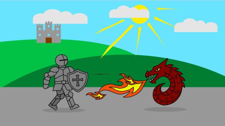 Image of svg I created, with for a frame by frame animationg. Dragon versus a knight